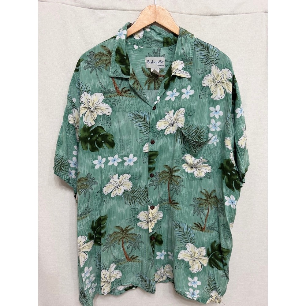 Bishop St. Apparel Men's Green Tropical Hibiscus Aloha Hawaiian Shirt 3XL